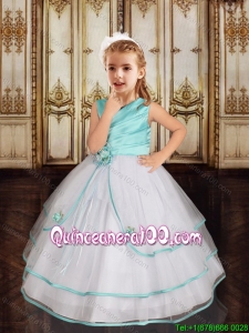 Perfect Hand Made Flowers V Neck Flower Girl Dress in White and Aqua Blue