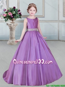 Affordable Scoop Brush Train Little Girl Pageant Dress with Beaded Decorated Waist