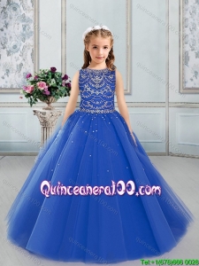 Best Selling Bateau Tulle Royal Blue Little Girl Pageant Dress with Beading