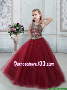 Best Tulle Beaded Bodice Scoop Little Girl Pageant Dress in Wine Red