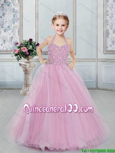 New Style Lilac Little Girl Pageant Dress with Beaded Decorated Halter Top