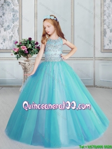 Affordable Beaded Tulle Scoop Little Girl Pageant Dress in Aqua Blue