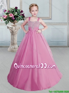 Best Selling Straps Lace Up Rose Pink Little Girl Pageant Dress with Beading