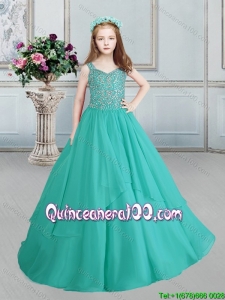 Cute Turquoise Little Girl Pageant Dress in Beaded Decorated Straps and Bodice