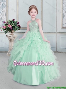 Fashionable Brush Train Beaded Decorated Halter Top Little Girl Pageant Dress in Apple Green