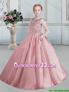 Luxurious See Through Scoop Beaded Bodice Little Girl Pageant Dress in Pink