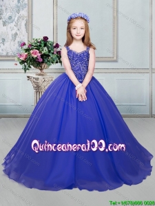 Perfect Organza Royal Blue Little Girl Pageant Dress with Beaded Decorated Straps