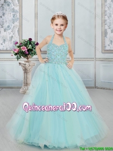 Popular Beaded Decorated Halter Top Light Blue Little Girl Pageant Dress in Tulle