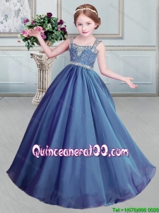 Pretty Beaded Decorated Straps Blue Little Girl Pageant Dress in Organza