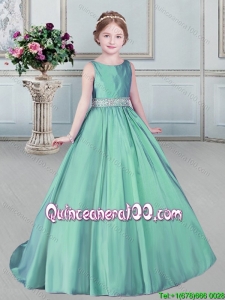 Simple Beaded Decorated Waist Apple Green Little Girl Pageant Dress with Brush Train