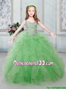 Exclusive Ruffled Spring Green Little Girl Pageant Dress with Beaded Decorated Straps and Bodice
