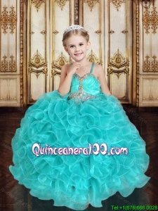 Latest Beaded and Ruffled Turquoise Little Girl Pageant Dress in Organza