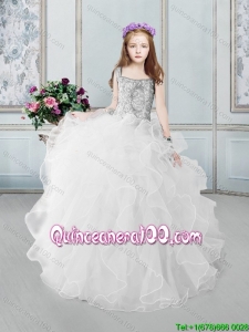 Popular Zipper Up Square Beaded and Ruffled Little Girl Pageant Dress in White