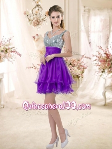 Cheap Straps Short Purple Dama Dresses with Sequins
