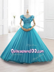 2016 Custom Made Cap Sleeves Teal Quinceanera Gowns with Appliques