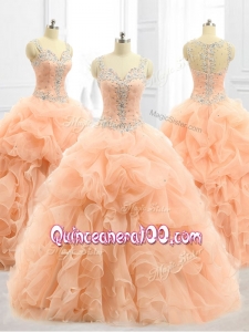 2016 Custom Made Straps Beading and Ruffles Quinceanera Dresses in Peach