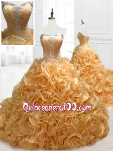 2016 Custom Made Sweetheart Rolling Flowers Brush Train Quinceanera Dresses with Beading