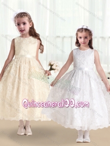 Pretty Scoop Lace and Belt Flower Girl Dresses in White