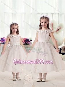 Classical Cap Sleeves Flower Girl Dresses with Appliques and Belt