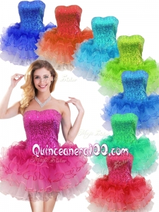 2016 Colorful Strapless Short Cheap Dama Dresses with Sequins and Ruffles