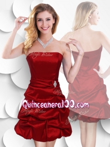 2016 Latest Strapless Taffeta Wine Red Cheap Dama Dresses with Bubles