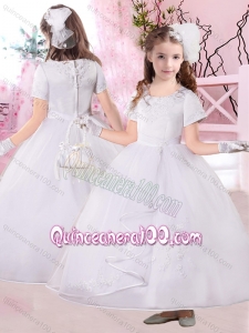 Fashionable Ankle Length Applique Flower Girl Dress with Short Sleeves