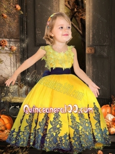 Simple Scoop Tulle Yellow Little Girl Dress with Appliques and Belt