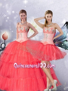 Coral Red Sweetheart Quinceanera Dresses with Layers and Appliques
