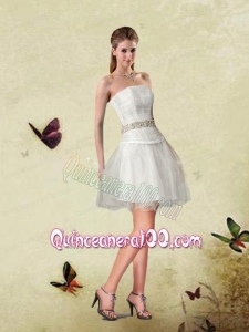 A-line Strapless White Dama Dresses With Beading and Ruching