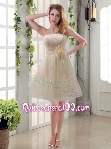 Handmade Flower Strapless Lace Bridesmaid Dress with Mini Length