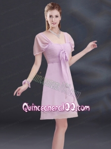 2015 A Line Square Ruhing Dama Dress with Cap Sleeves