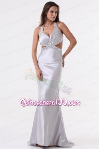 Brush Train Silver Column Halter Top Mother of the Dress with Beading