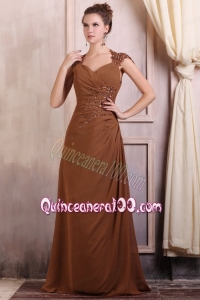 V-neck Column Chiffon Appliques with Beading Mother of the Dress in Brown