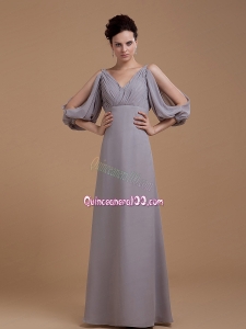 Grey Mother of the Dress With V Neck 3/4 Length Sleeves Floo Length