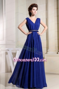Royal Blue Mother of the Dress With V-neck Chiffon