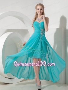 Sweet Turquoise High-low Sweetheart Prom Dress Chiffon Beading Sweetheart High Low Mother of the Dress Beading Decorate