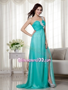 Turquoise Empire One Shoulder Brush Train Silk Like Satin and Chiffon Appliques Mother of the Dress