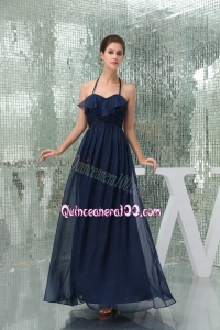 Column Navy Blue Ankle Length Halter Top Ruching Mother of the Dress