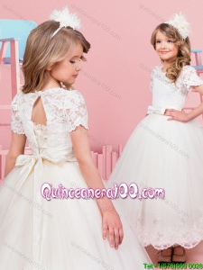 Affordable Short Sleeves Laced Bodice Flower Girl Dress in Tea Length