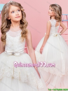 Beautiful See Through Scoop Tulle Laced Flower Girl Dress with Bowknot