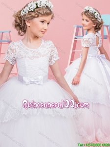 Cheap Scoop Bowknot and Laced White Flower Girl Dress with Short Sleeves