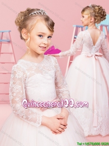 Elegant Button Up Long Sleeves Flower Girl Dress with Bowknot and Lace