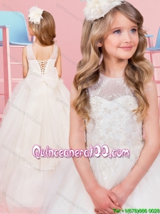 Fashionable Applique and Bowknot Lace Up Flower Girl Dress with Brush Train