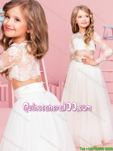 Hot Sale Two Piece See Through Scoop Flower Girl Dress with Button Up