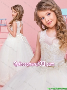 Latest Scoop Tulle Bowknot and Laced Flower Girl Dress in Floor Length