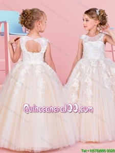 Modern See Through Scoop Beaded and Applique Flower Girl Dress in Champagne