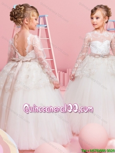 New Style Backless Long Sleeves Bowknot and Laced Flower Girl Dress in Tulle