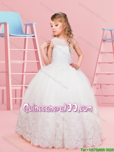 Perfect See Through Scoop Floor Length Laced Flower Girl Dress in Tulle