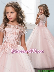 Affordable See Through Scoop Button Up Little Girl Pageant Dress in Baby Pink
