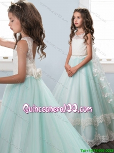 Beautiful A Line Apple Green Open Back Little Girl Pageant Dress with Laced Bodice
